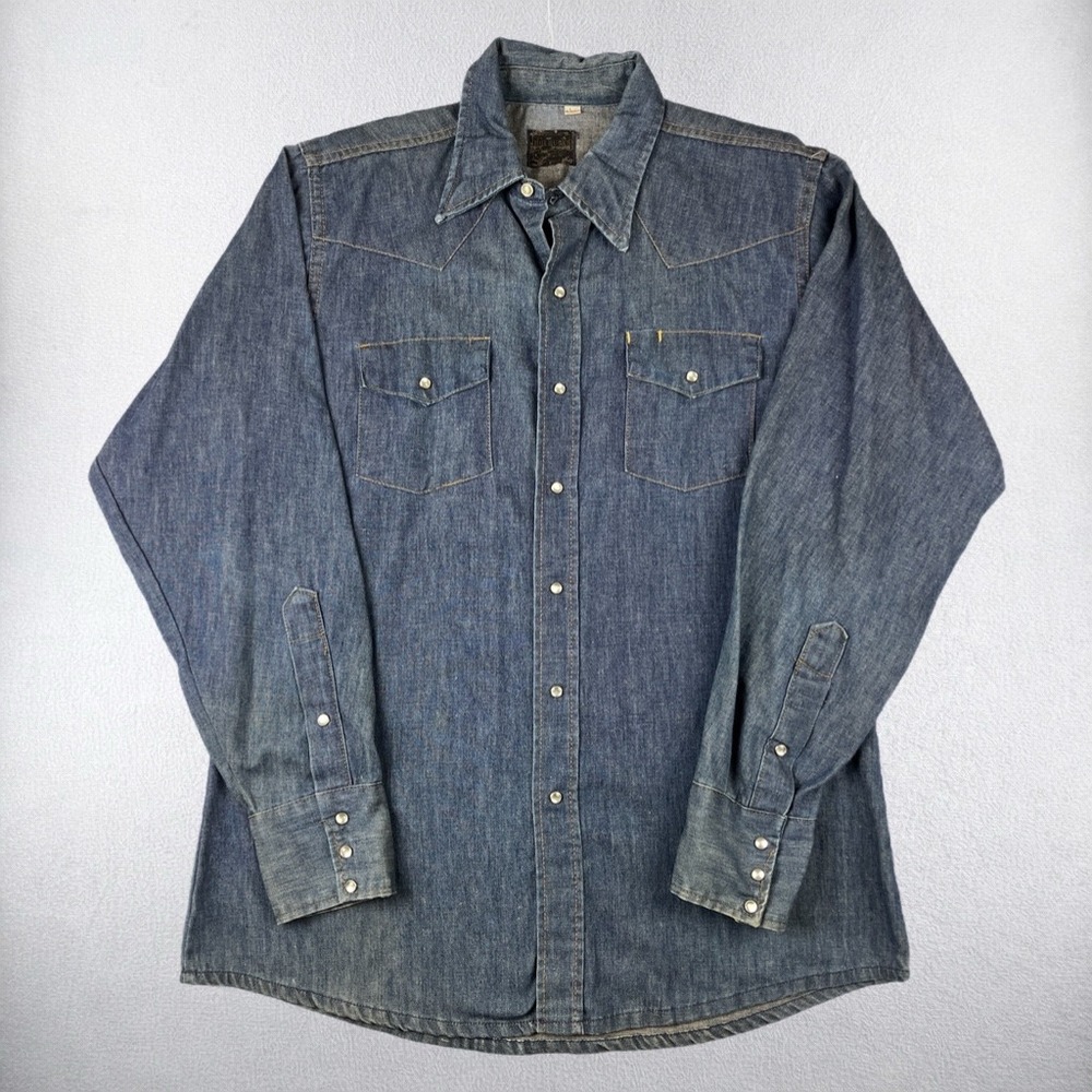 Vintage 70s Sears Roebucks Western Denim Shirt Mens Large 16 Blue Pearl Snap - Picture 1 of 8